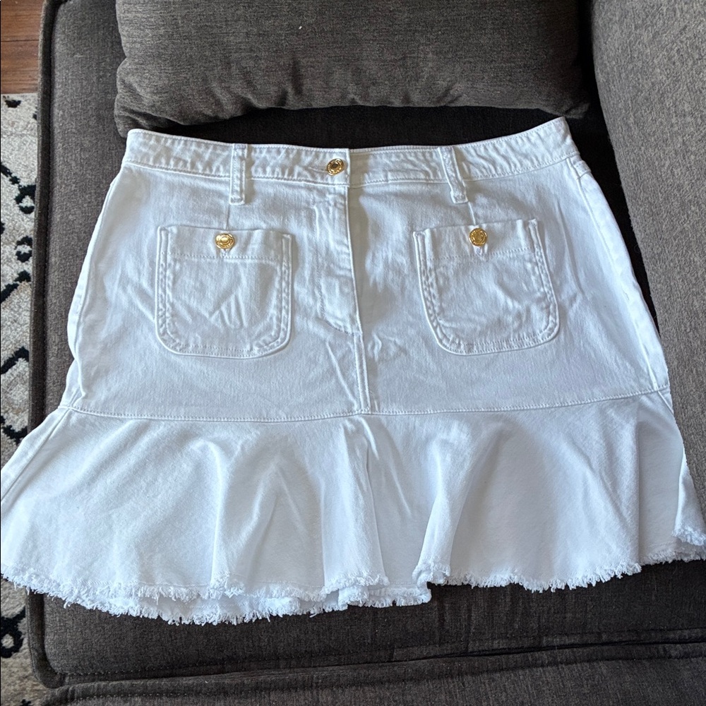 Michael Kors White Ruffle Hem Denim Mini Skirt 10